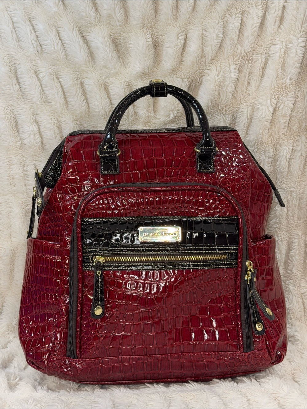 Samantha Brown Red Croc-Embossed Patent Backpack